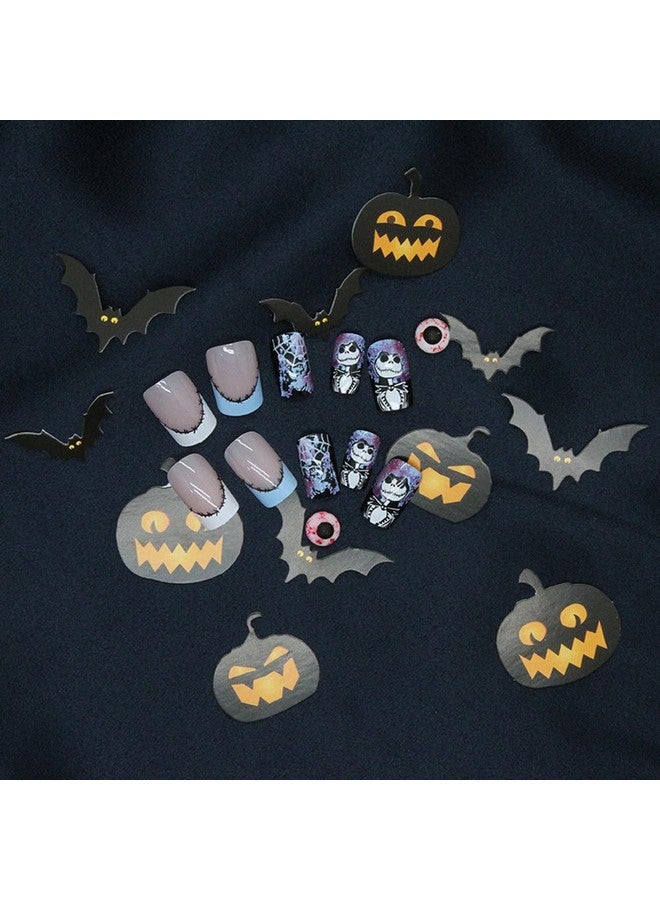 OCOUYVD Halloween Press On Nails Medium Square Fake Nails With Spider Web Design Acrylic Nails Nightmare Before Christmas Nails Scary Stick On Nails Holiday French Tip Artificial Nails For Women 24Pcs - Image 3
