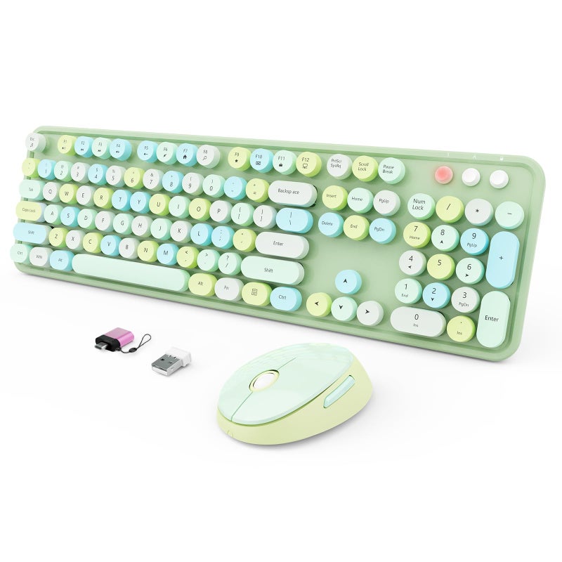 SkyGive Wireless Keyboard and Mouse Combo, Ergonomic Full Size Typewriter Retro Round Keycaps Keyboard, Compatible with Windows, PC, Perfer for Home and Office Keyboards (Green - Image 1