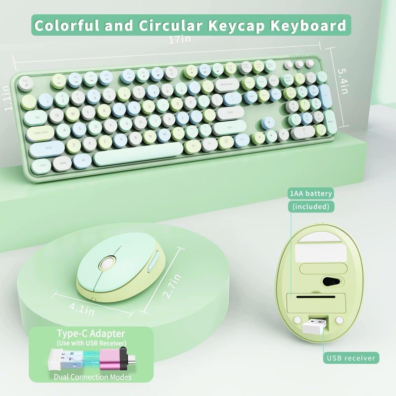SkyGive Wireless Keyboard and Mouse Combo, Ergonomic Full Size Typewriter Retro Round Keycaps Keyboard, Compatible with Windows, PC, Perfer for Home and Office Keyboards (Green - Image 5
