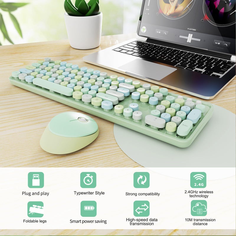 SkyGive Wireless Keyboard and Mouse Combo, Ergonomic Full Size Typewriter Retro Round Keycaps Keyboard, Compatible with Windows, PC, Perfer for Home and Office Keyboards (Green - Image 3
