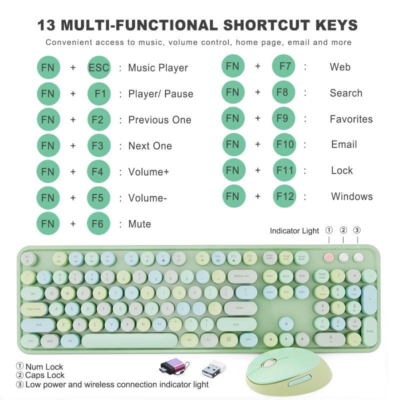 SkyGive Wireless Keyboard and Mouse Combo, Ergonomic Full Size Typewriter Retro Round Keycaps Keyboard, Compatible with Windows, PC, Perfer for Home and Office Keyboards (Green - Image 4