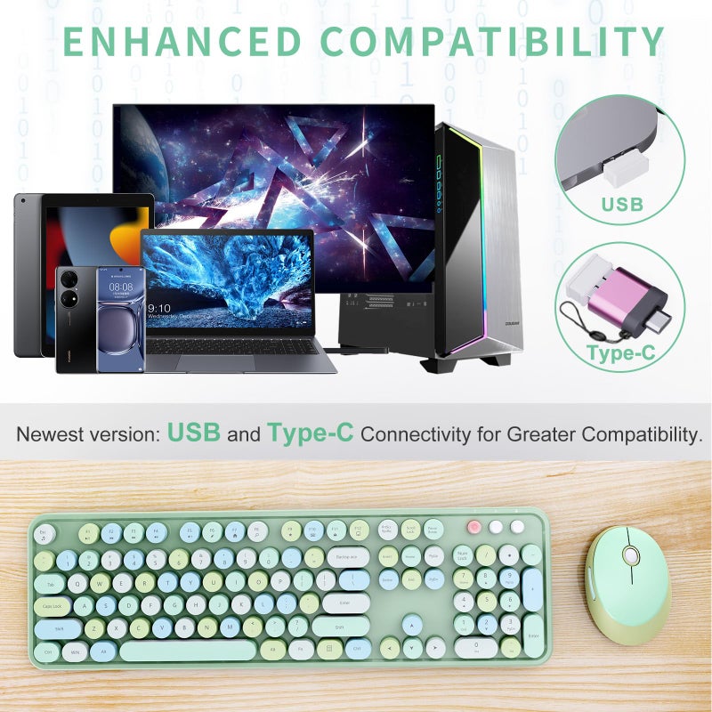 SkyGive Wireless Keyboard and Mouse Combo, Ergonomic Full Size Typewriter Retro Round Keycaps Keyboard, Compatible with Windows, PC, Perfer for Home and Office Keyboards (Green - Image 2