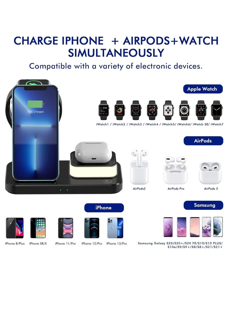 شاحن لاسلكي لـ iPhone 15/14/13/Pro/Mini/Max/12/11/XS/XR/X/8 وسامسونج، محطة شحن 3 في 1 مع قاعدة ضوء ليلي لـ Apple iwatch 8/Ultra/7/SE/6/5/4/3/2، لـ AirPods 3/2/Pro باللون الأسود  - Image 3