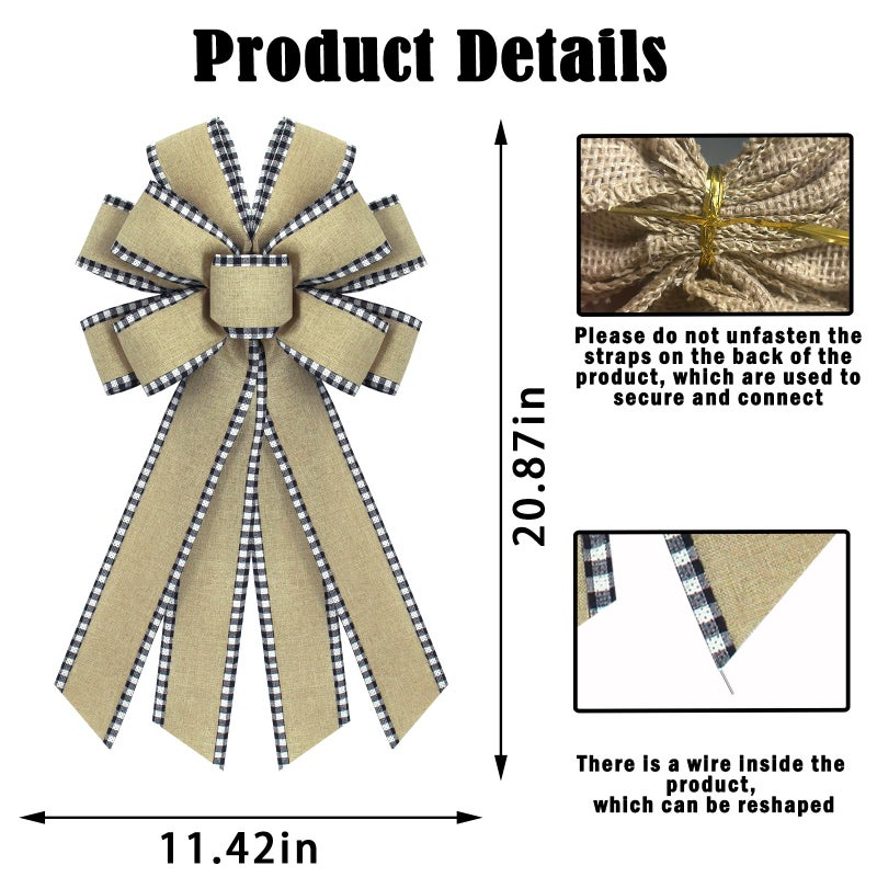 chmacura Natural Burlap Wreath Bow Buffalo Plaid Edge Bows Wedding Farmhouse Bow Tree Ornament for Home Front Door Decorations - Image 2