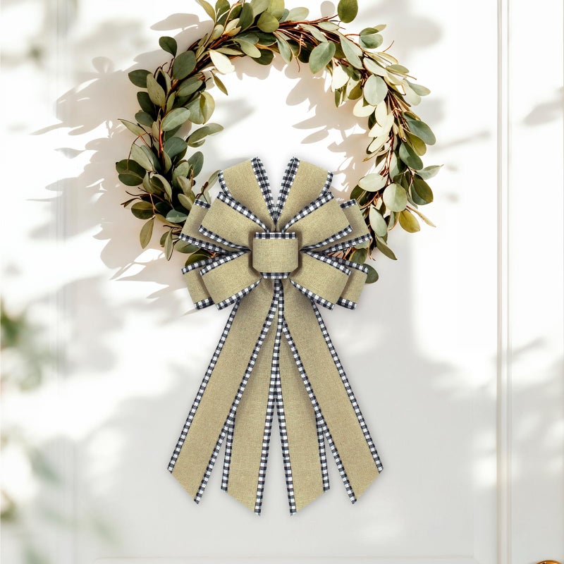 chmacura Natural Burlap Wreath Bow Buffalo Plaid Edge Bows Wedding Farmhouse Bow Tree Ornament for Home Front Door Decorations - Image 3