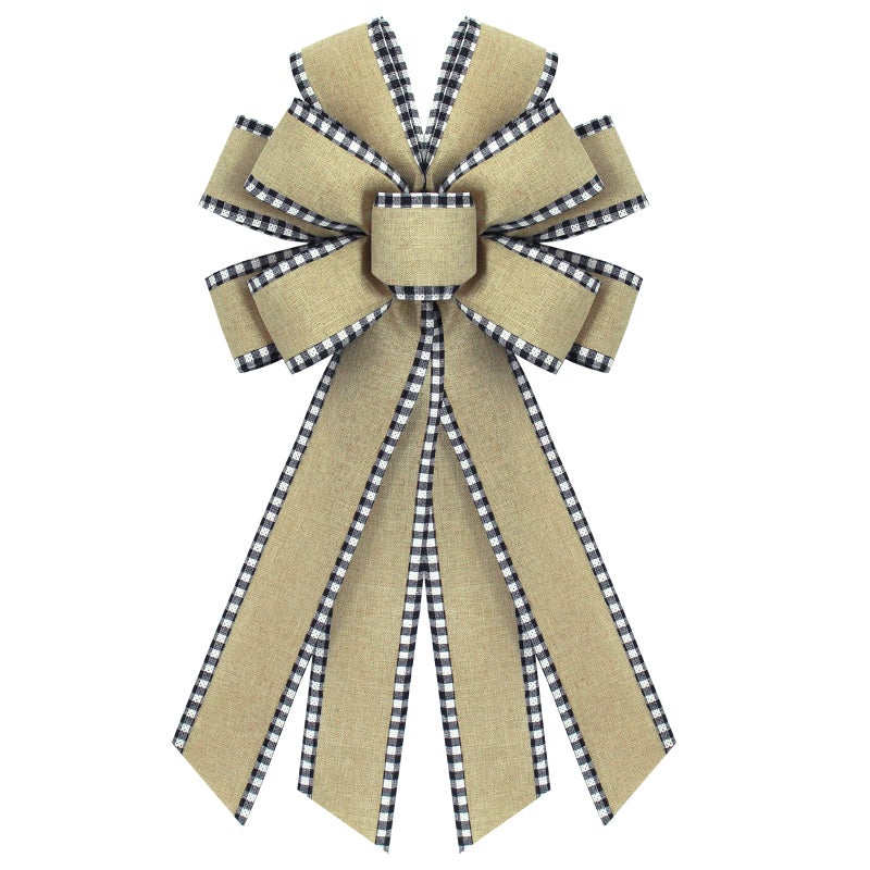 chmacura Natural Burlap Wreath Bow Buffalo Plaid Edge Bows Wedding Farmhouse Bow Tree Ornament for Home Front Door Decorations - Image 1