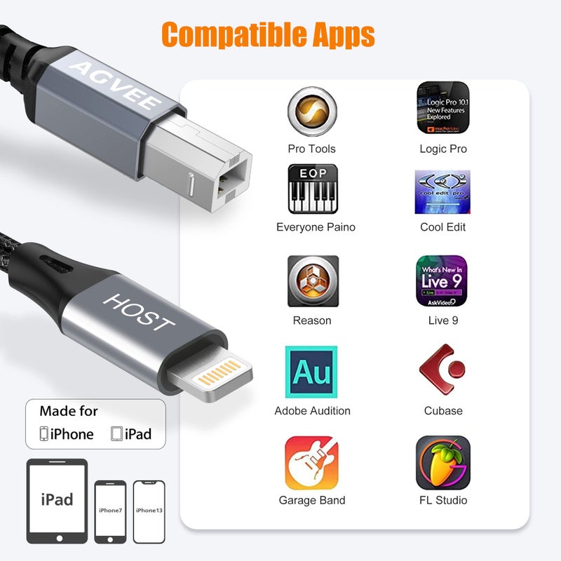 AGVEE 6.6ft Lightning OTG MIDI Cable USB Type-B Cord Compatible with iPhone iPad iOS for Electronic Music Instrument, Piano, Midi Controller, Midi Keyboard, Audio Interface Recording, Dark Gray - Image 4