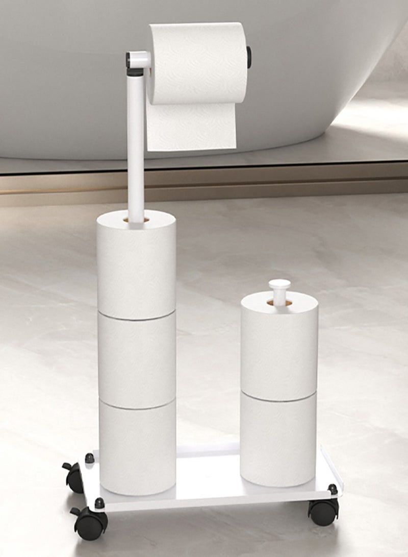 WALALLA White Freestanding Toilet Paper Holder Stand with Wheels, Rustproof Floor Toilet Tissue Organizer with Foldable Arm and Large Capacity Roll Storage for Small Bathrooms - Image 1