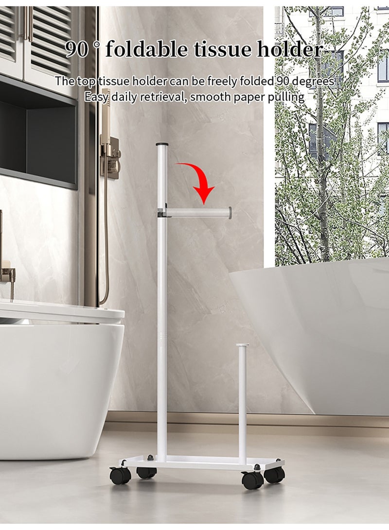 WALALLA White Freestanding Toilet Paper Holder Stand with Wheels, Rustproof Floor Toilet Tissue Organizer with Foldable Arm and Large Capacity Roll Storage for Small Bathrooms - Image 4
