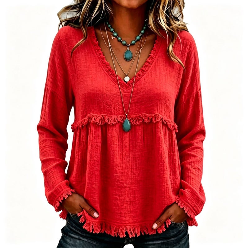 Women's Casual V-Neck Long-Sleeve Fringe Solid Shirt - Image 1