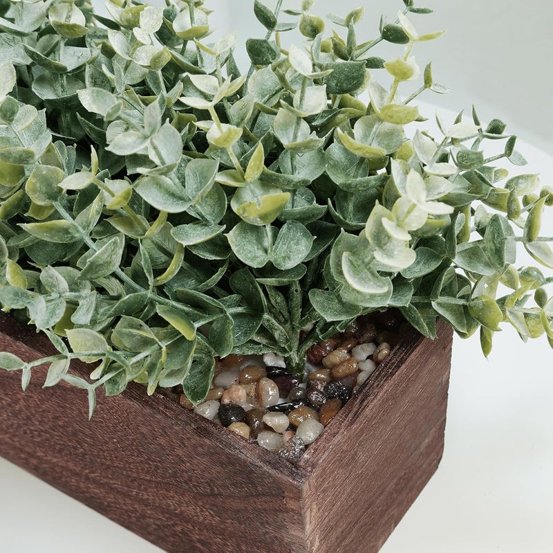 Winlyn 14" Artificial Eucalyptus in Rectangular Wood Planter Box Faux Plants Arrangement Centerpiece Wooden Potted Eucalyptus Plant for Farmhouse Wedding Dining Table Centerpiece Greenery Mantel Décor - Image 3