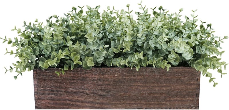 Winlyn 14" Artificial Eucalyptus in Rectangular Wood Planter Box Faux Plants Arrangement Centerpiece Wooden Potted Eucalyptus Plant for Farmhouse Wedding Dining Table Centerpiece Greenery Mantel Décor - Image 1