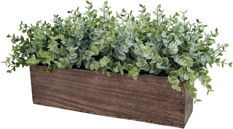 Winlyn 14" Artificial Eucalyptus in Rectangular Wood Planter Box Faux Plants Arrangement Centerpiece Wooden Potted Eucalyptus Plant for Farmhouse Wedding Dining Table Centerpiece Greenery Mantel Décor - Image 2