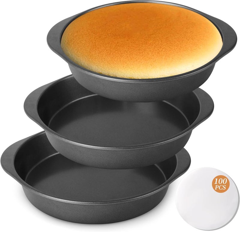 BEWOS 9 Inch Cake Pan Set - 100 Pcs Parchment Paper With 3 Pcs Carbon Steel Round Cake Pans, Nonstick Baking Pans Set With Handle, Dishwasher Safe - Image 1