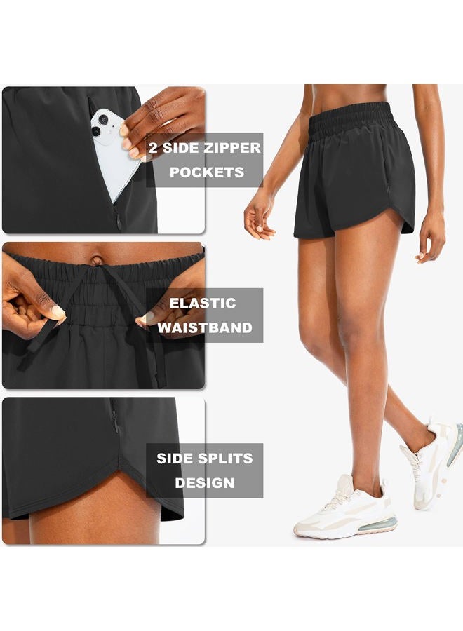 SANTINY Women's Running Shorts with Zip Pockets High Waisted Athletic Workout Gym Shorts for Women with Liner, Black, M - Image 4