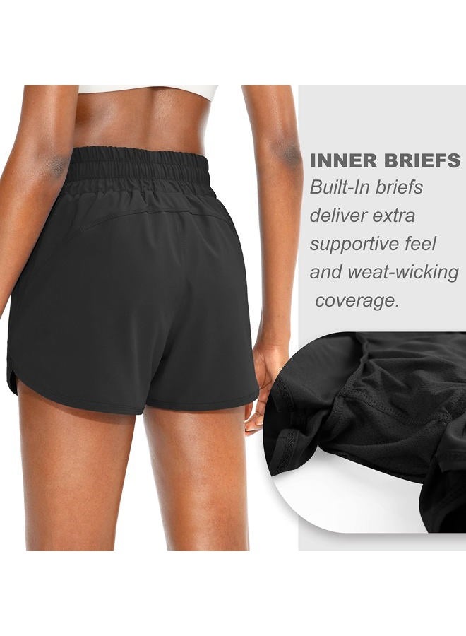 SANTINY Women's Running Shorts with Zip Pockets High Waisted Athletic Workout Gym Shorts for Women with Liner, Black, M - Image 5