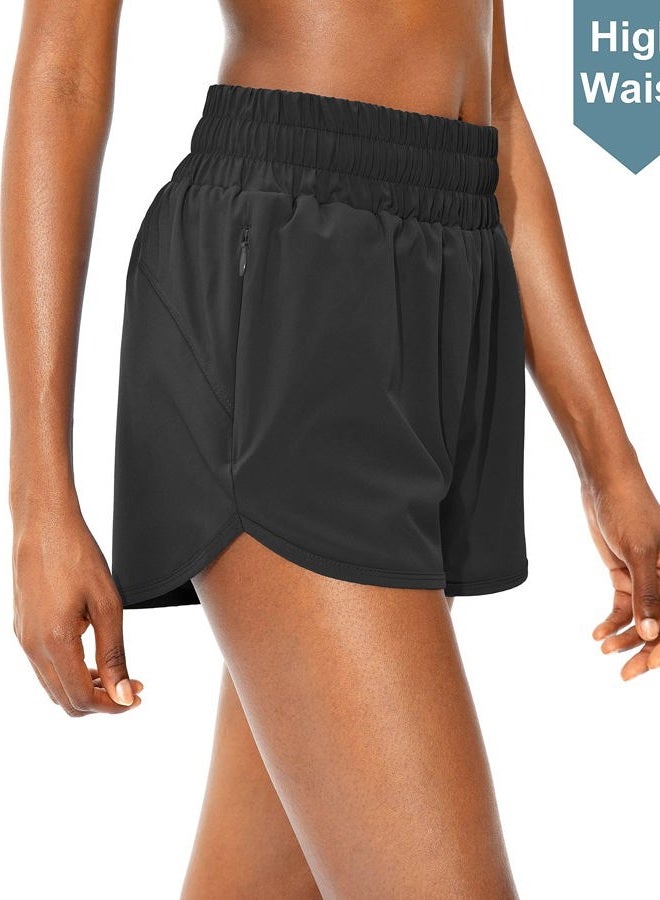 SANTINY Women's Running Shorts with Zip Pockets High Waisted Athletic Workout Gym Shorts for Women with Liner, Black, M - Image 2