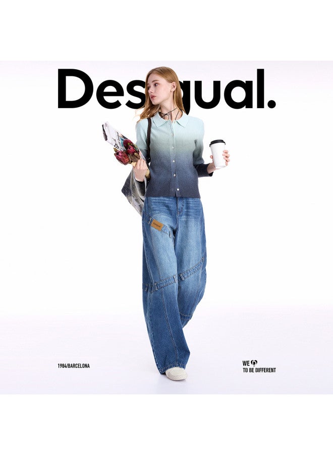 DESIGUAL موضة إسبانية فاخرة 25 خريف/شتاء جينز نسائي فضفاض مغسول ومفكك بتصميم رقعة الساق المستقيمة - Image 3