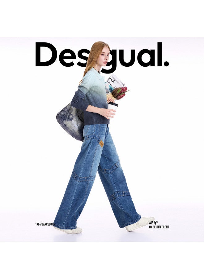 DESIGUAL موضة إسبانية فاخرة 25 خريف/شتاء جينز نسائي فضفاض مغسول ومفكك بتصميم رقعة الساق المستقيمة - Image 5