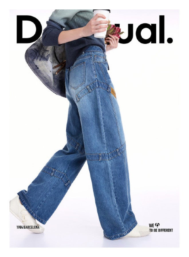 DESIGUAL موضة إسبانية فاخرة 25 خريف/شتاء جينز نسائي فضفاض مغسول ومفكك بتصميم رقعة الساق المستقيمة - Image 1