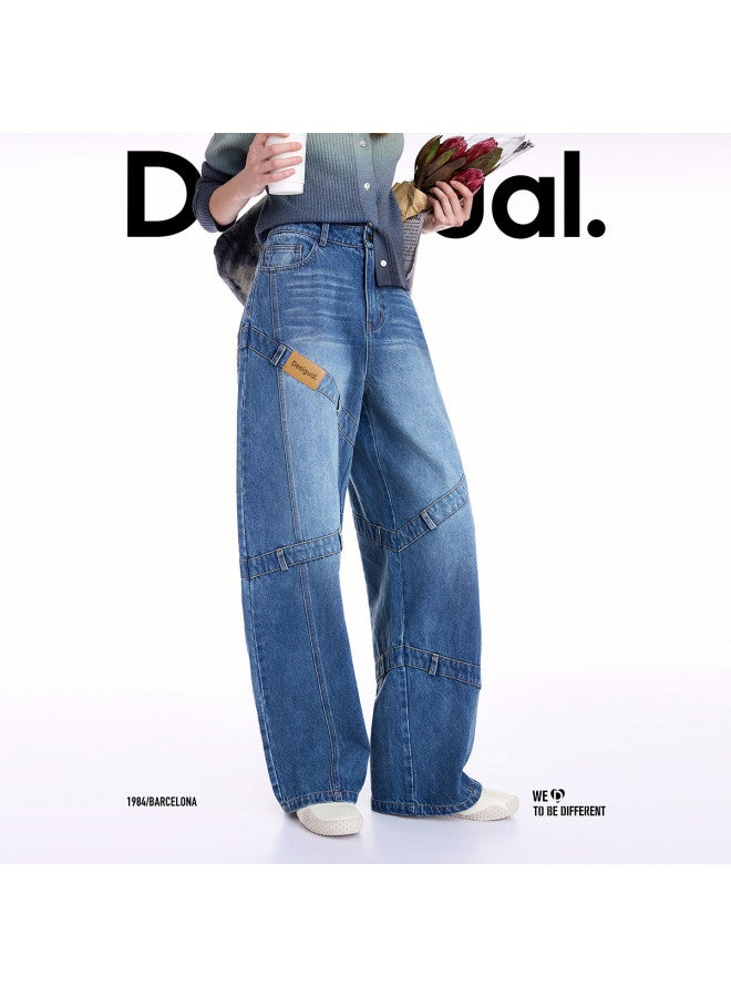 DESIGUAL موضة إسبانية فاخرة 25 خريف/شتاء جينز نسائي فضفاض مغسول ومفكك بتصميم رقعة الساق المستقيمة - Image 4