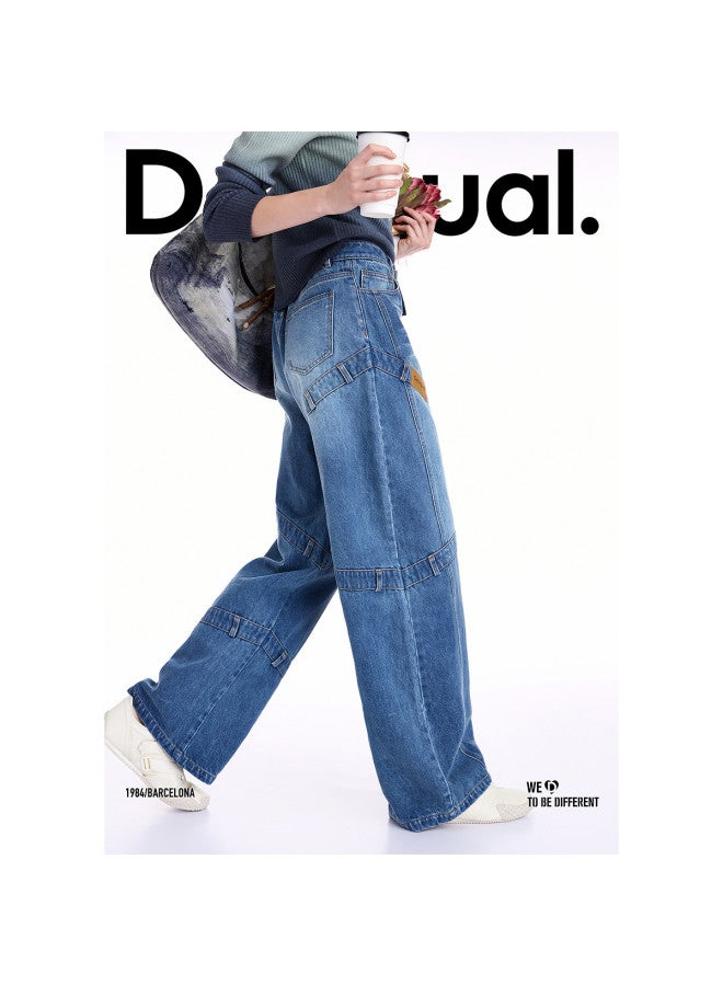 DESIGUAL موضة إسبانية فاخرة 25 خريف/شتاء جينز نسائي فضفاض مغسول ومفكك بتصميم رقعة الساق المستقيمة - Image 2