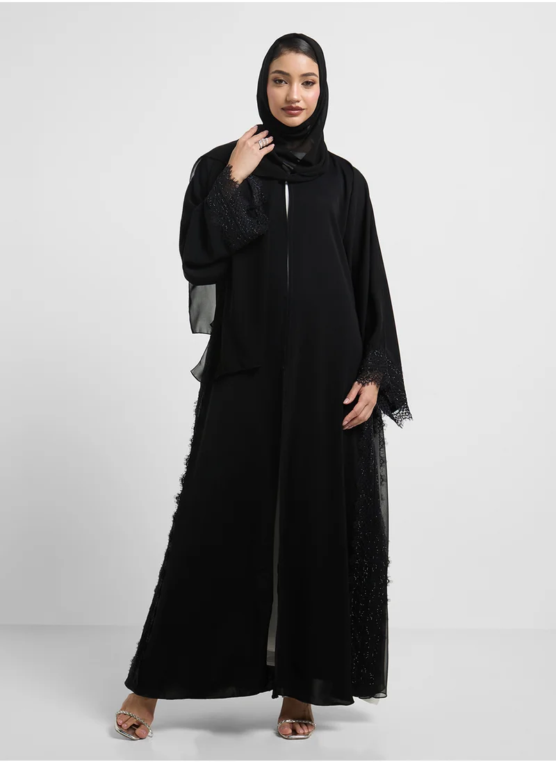 hayas closet Floral Lacework V-Neck Abaya