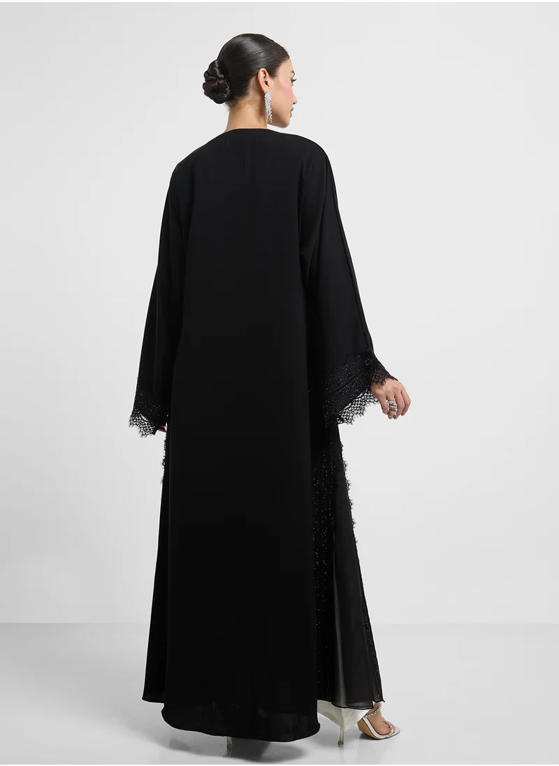 hayas closet Floral Lacework V-Neck Abaya