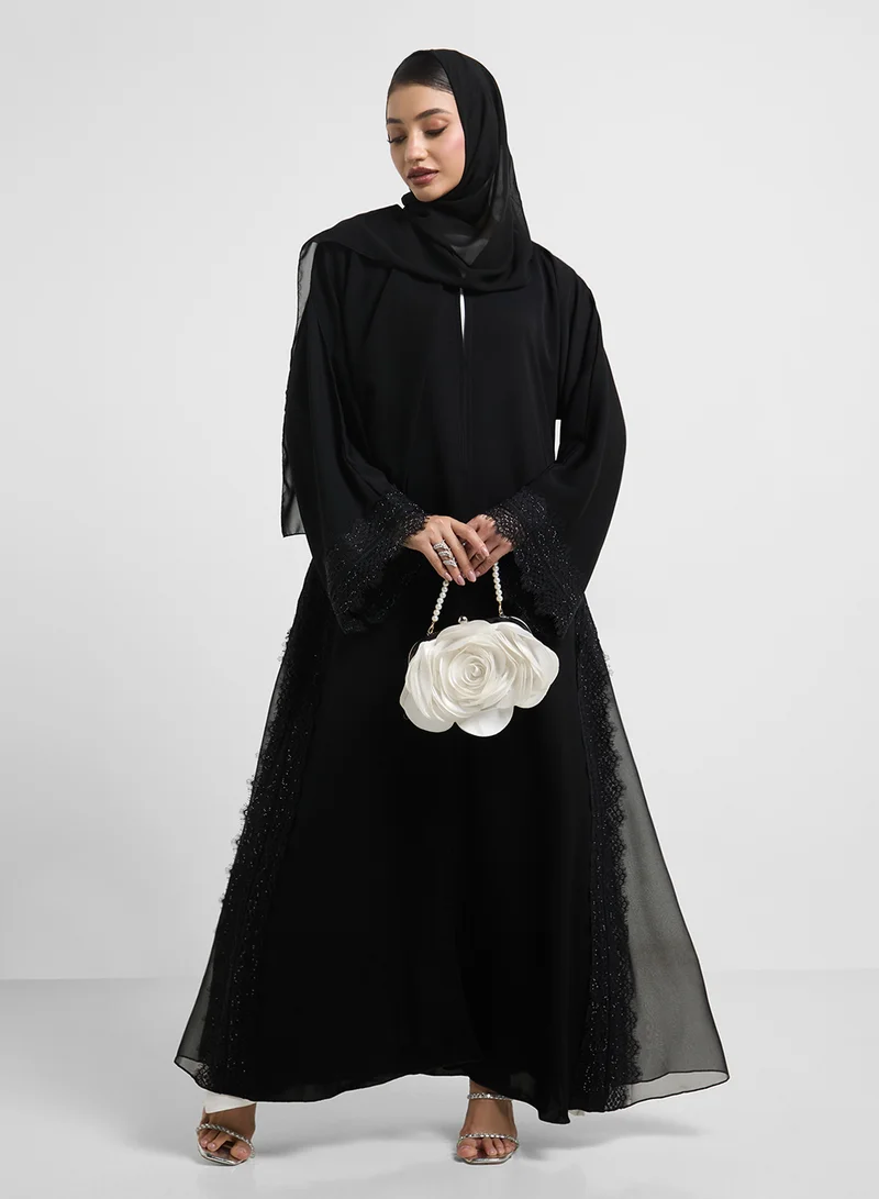 hayas closet Floral Lacework V-Neck Abaya