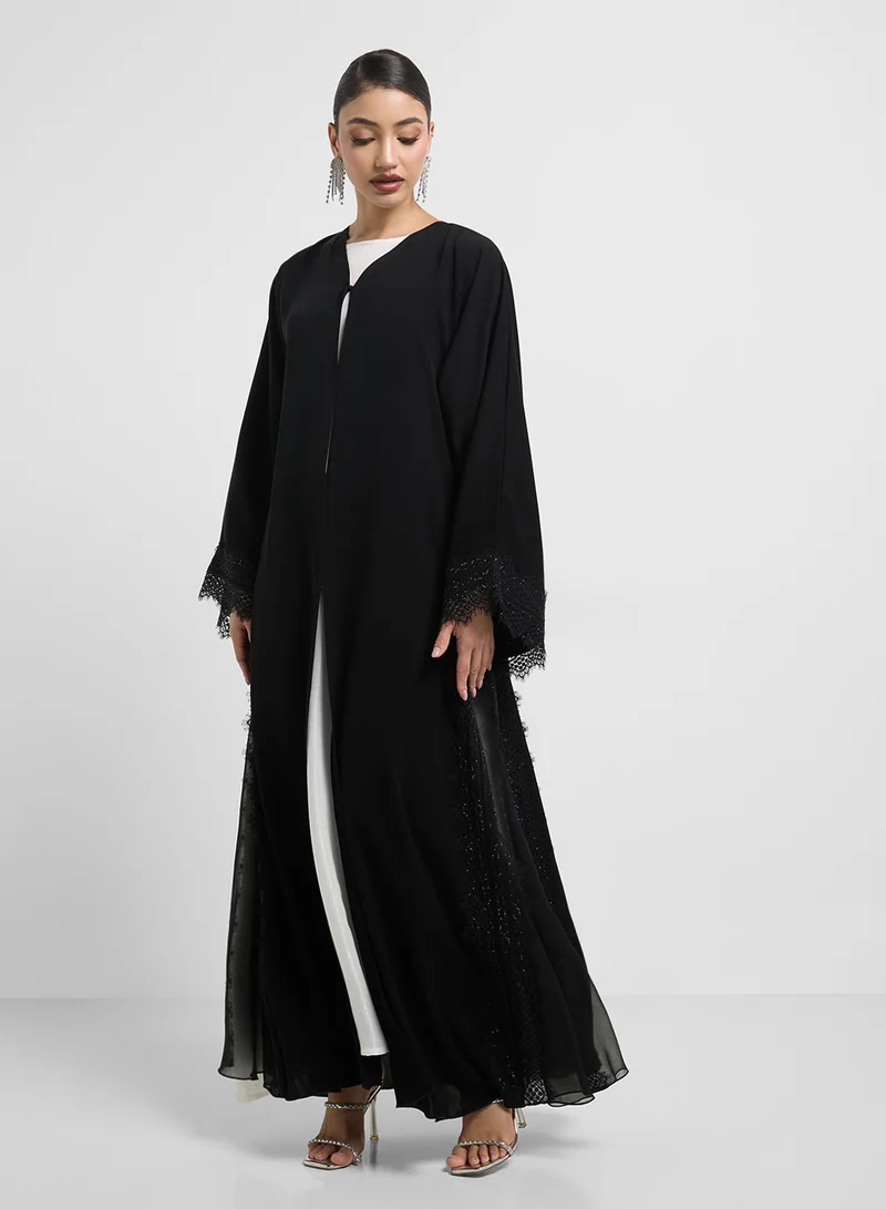 hayas closet Floral Lacework V-Neck Abaya