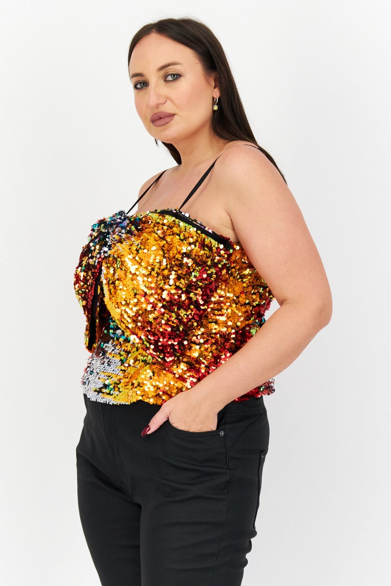 RIVER ISLAND Women Square Neck Sleeveless Embellished Detail Crop Top, Orange Combo - Image 2