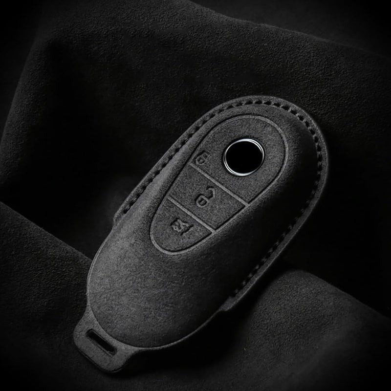 ontto Suede Car Key Fob Cover for Mercedes Benz Models 2020-2024 - Black Leather Key Case with Keyring - Image 3