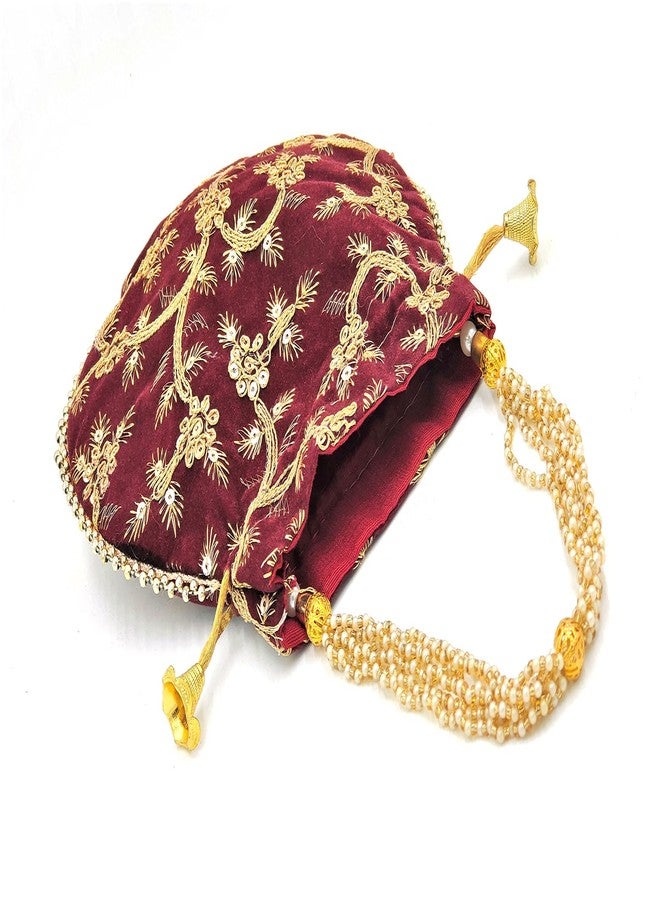 IGH Handmade Women's Velvet Embroidered Potli Purse | Indian Drawstring Bag | Maroon Ethnic Handbag for Weddings & Parties (Maroon,1 Pcs) - Image 5