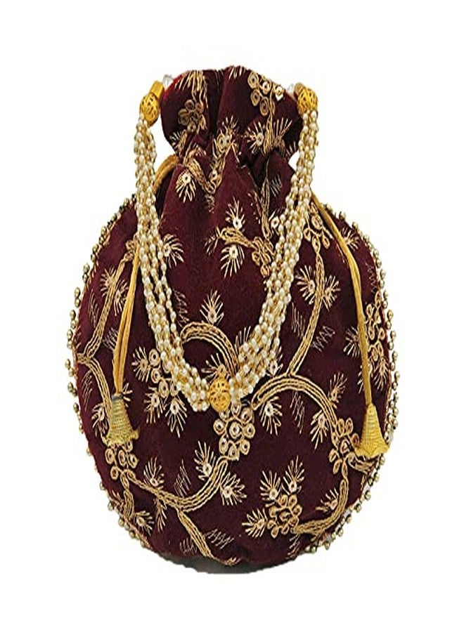 IGH Handmade Women's Velvet Embroidered Potli Purse | Indian Drawstring Bag | Maroon Ethnic Handbag for Weddings & Parties (Maroon,1 Pcs) - Image 3