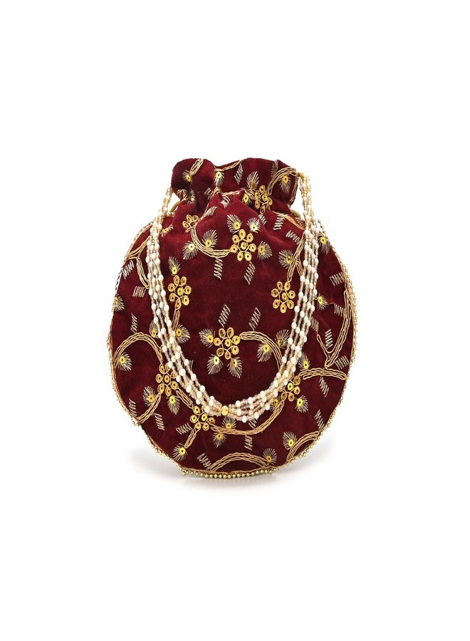 IGH Handmade Women's Velvet Embroidered Potli Purse | Indian Drawstring Bag | Maroon Ethnic Handbag for Weddings & Parties (Maroon,1 Pcs) - Image 1