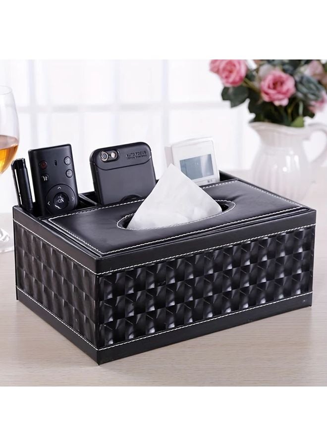 Black Faux Leather Multi Compartment Tissue Box Holder with Remote Storage - Image 1