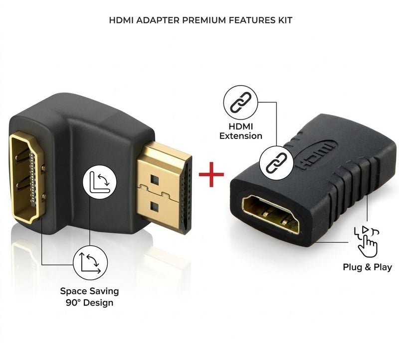 2 قطعة HDMI محول بزاوية 90° + Coupler لتطالة الكابل – محول ذكر إلى أنثى للتوصيل الشاشة والتلفزيون – مناسب الكمبيوتر للاب توب وأجهزة الألعاب الفيديو - Image 2