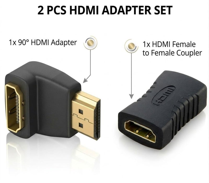 2 قطعة HDMI محول بزاوية 90° + Coupler لتطالة الكابل – محول ذكر إلى أنثى للتوصيل الشاشة والتلفزيون – مناسب الكمبيوتر للاب توب وأجهزة الألعاب الفيديو - Image 3