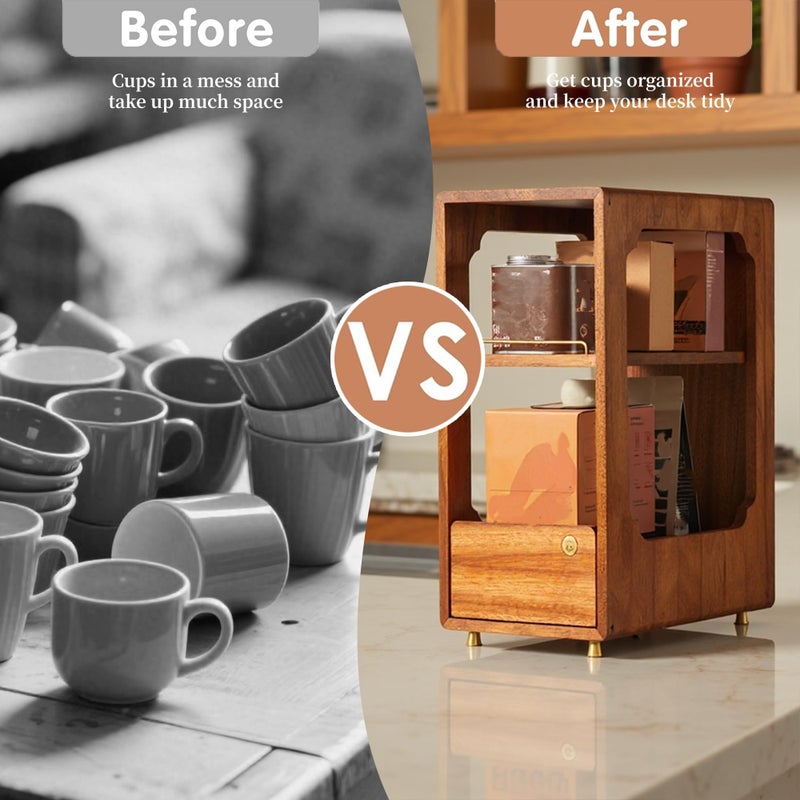 KAOTGOT Coffee Station Organizer Wood Coffee Bar Organizer with Drawer Countertop 2 Tier Wood Shelf Storage Accessories for Home Kitchen - Image 4
