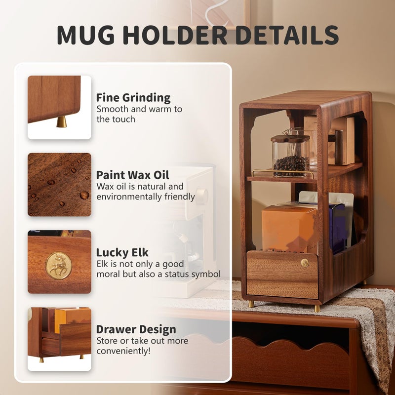 KAOTGOT Coffee Station Organizer Wood Coffee Bar Organizer with Drawer Countertop 2 Tier Wood Shelf Storage Accessories for Home Kitchen - Image 3