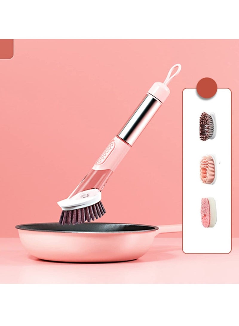 Kitchen Dish Brush, Soap Dispensing Scrub Brush with Handle, for Pot Pan Sink Cleaning, 3 Reusable Refill Replacement Heads (Pink) - Image 1