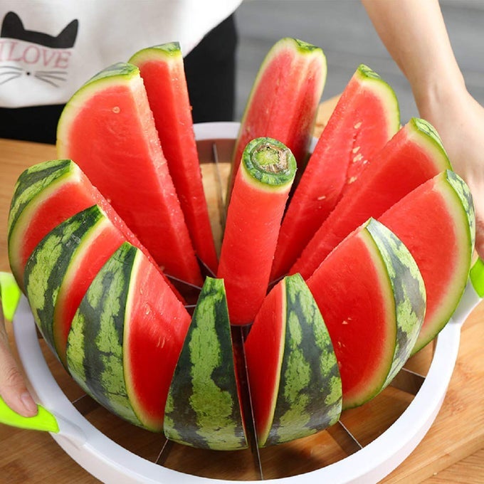 EXTRA LARGE WATERMELON SLICER CUTTER COMFORT SILICONE HANDLEHOME STAINLESS STEEL ROUND FRUIT VEGETABLE SLICER CUTTER PEELER CORER SERVER FOR CANTALOUP MELONPINEAPPLEHONEYDEWGET 12AS SEEN ON TV