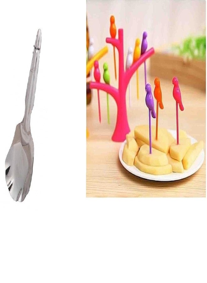 BLUE WONDER Stainless Steel Small Cooking Rice Paltaa Panjaa Combo Plastic Bird Fruit Fork Set with Stand 6-Pieces Multicolour | Multipurpose | Lightweight | Multicolour | Pack of 2