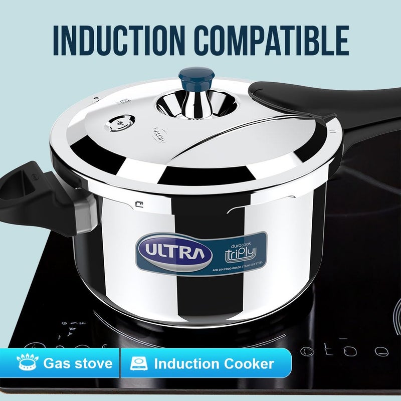 Ultra Duracook Triply Pressure Cooker 55 Litre AISI 304 Food Grade Stainless Steel Cooker 5 Years Warranty Injection Moulded Handles Induction Compatible Broad Base NonStick Finish
