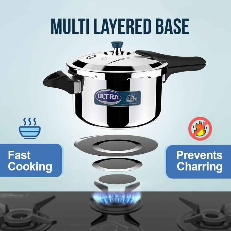 Ultra Duracook Triply Pressure Cooker 55 Litre AISI 304 Food Grade Stainless Steel Cooker 5 Years Warranty Injection Moulded Handles Induction Compatible Broad Base NonStick Finish