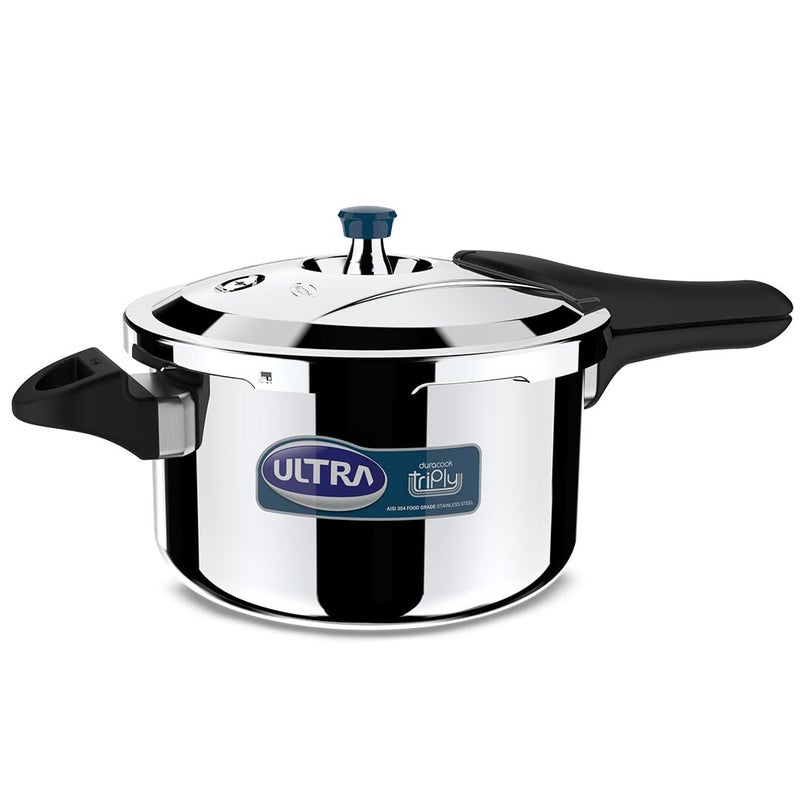 Ultra Duracook Triply Pressure Cooker 55 Litre AISI 304 Food Grade Stainless Steel Cooker 5 Years Warranty Injection Moulded Handles Induction Compatible Broad Base NonStick Finish