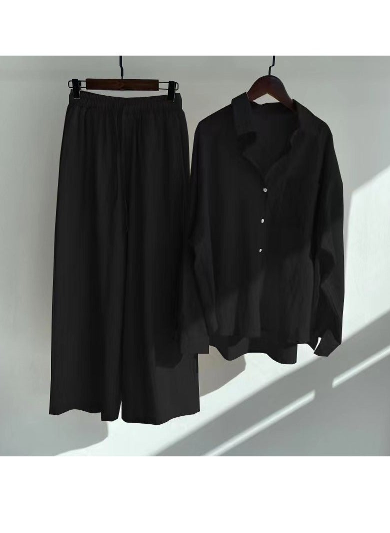عام نسائي 2 قطعة موضة كلاسيكية لون الصلبة القطن الكتان مجموعة قميص الصيف الربيع حجم كبير نسائي متنفس بارد كم طويل لفة الرقبة قميص فضفاض السراويل - Image 1