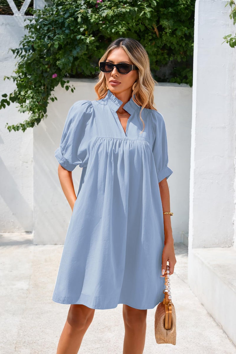 YEXPINE Women's Ruffle Collar High Neck Mini Dress Puff Short Sleeve Cotton Babydoll Peplum Dresses with Pockets Blue - Image 4