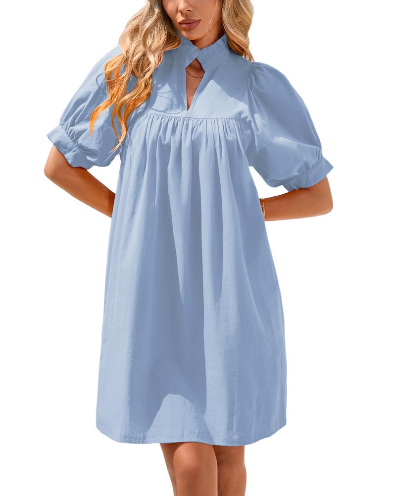 YEXPINE Women's Ruffle Collar High Neck Mini Dress Puff Short Sleeve Cotton Babydoll Peplum Dresses with Pockets Blue - Image 1