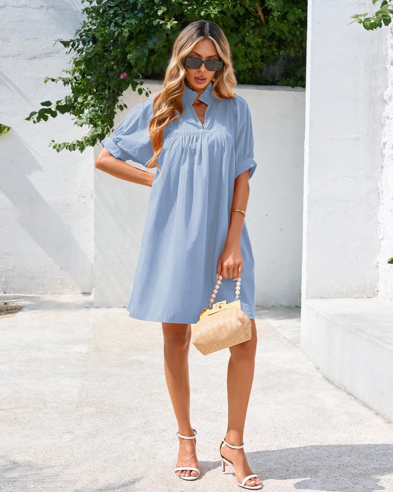 YEXPINE Women's Ruffle Collar High Neck Mini Dress Puff Short Sleeve Cotton Babydoll Peplum Dresses with Pockets Blue - Image 3